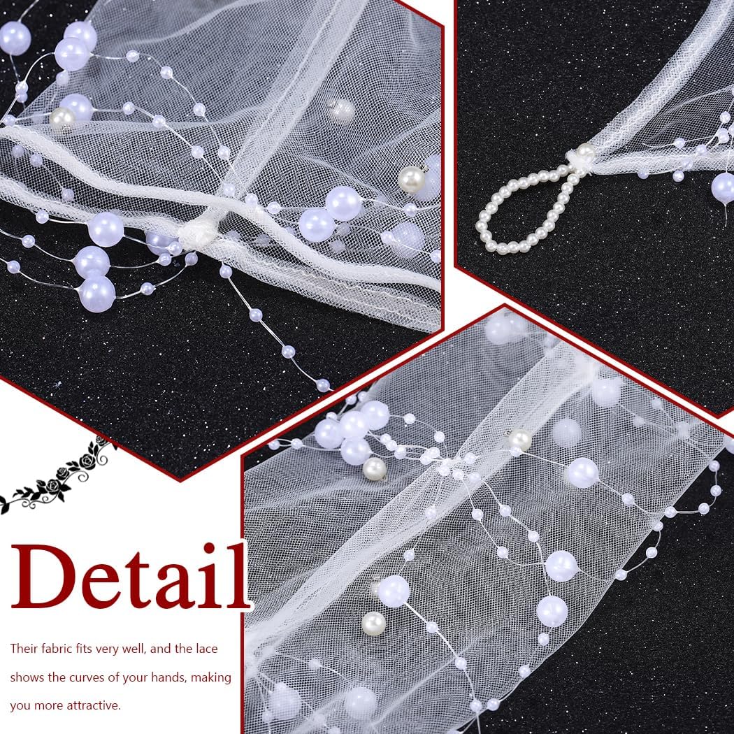 REETAN White Long Bridal Gloves Fingerless Pearl Sheer Arm Sleeves for Women
