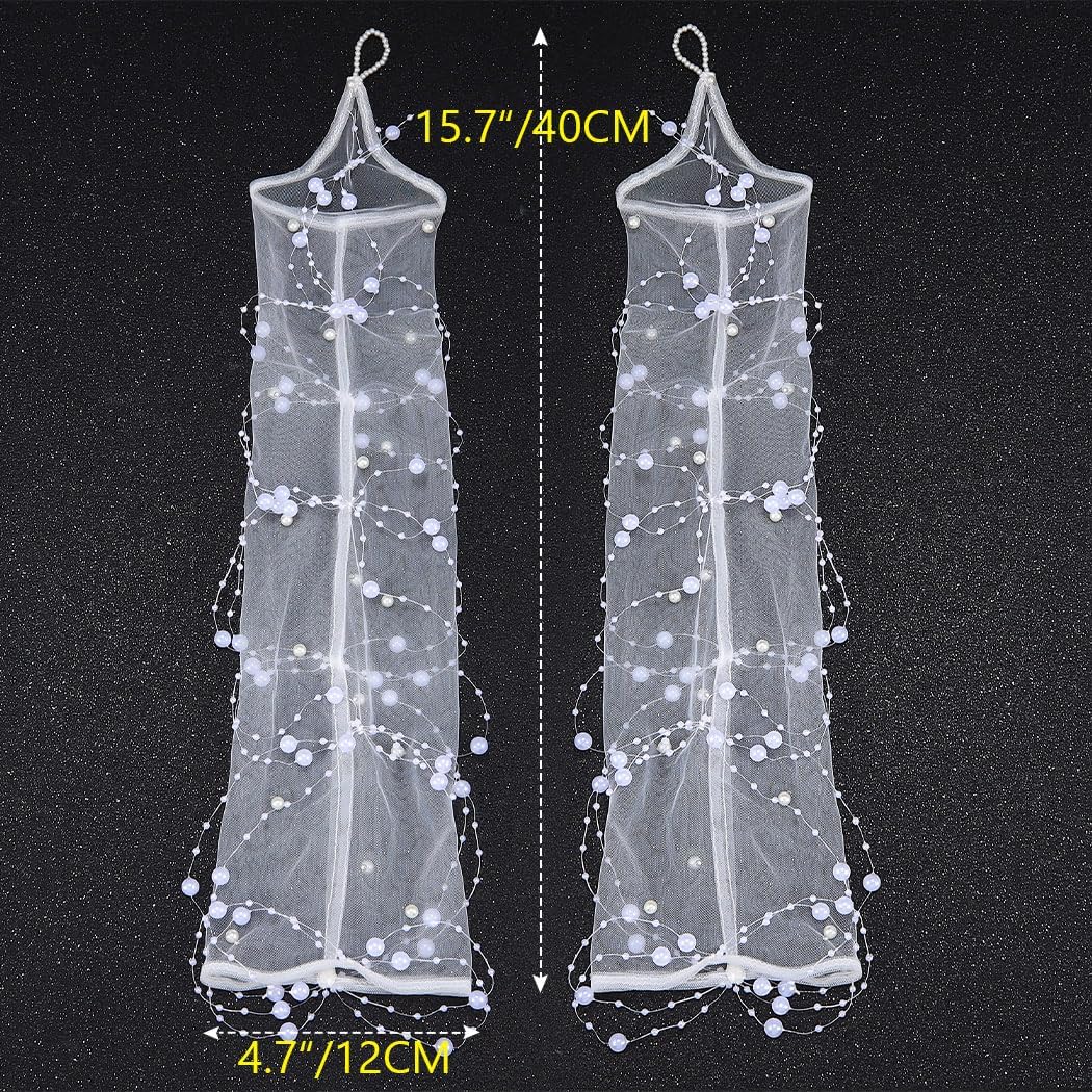 REETAN White Long Bridal Gloves Fingerless Pearl Sheer Arm Sleeves for Women