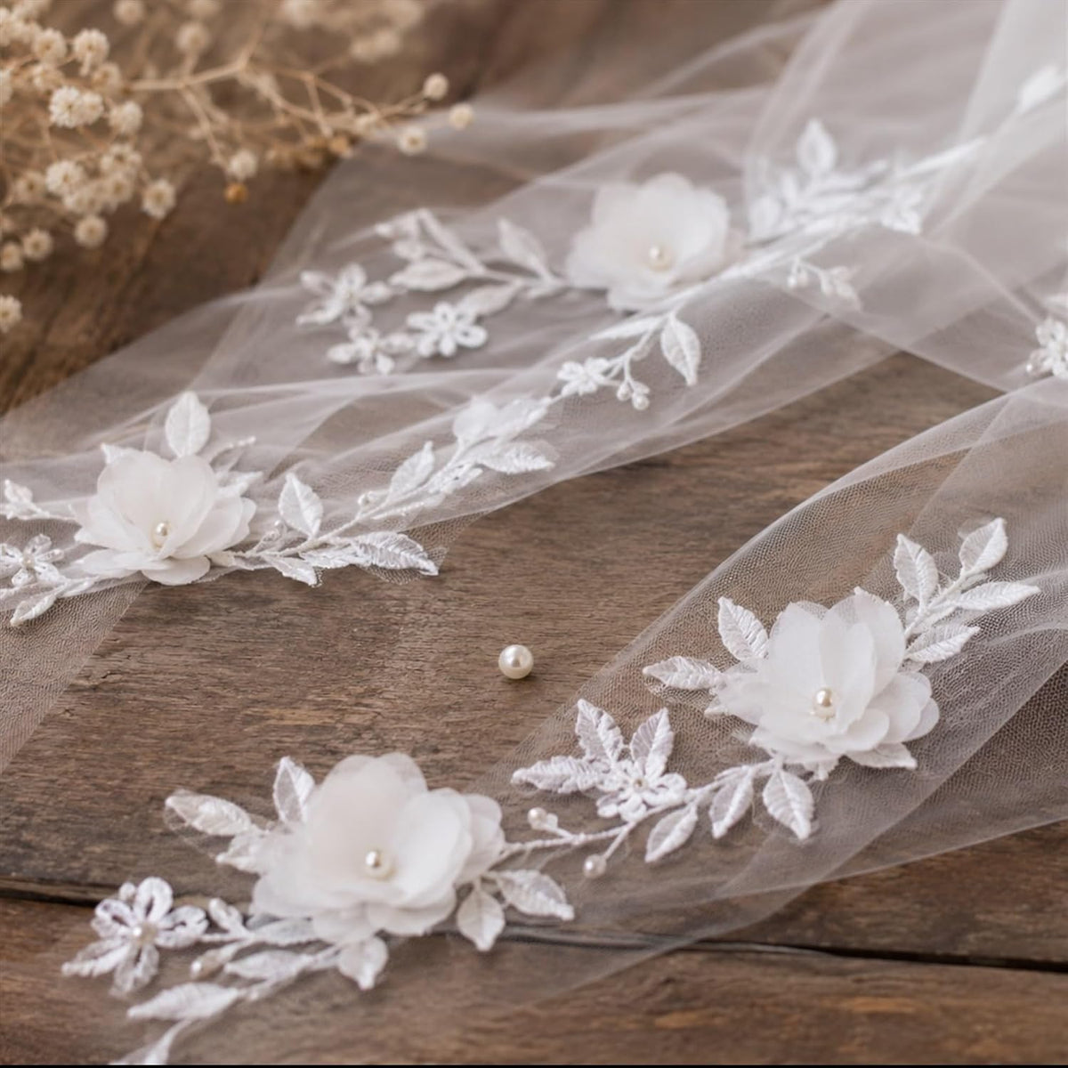 Fingertip Bridal Veil with 3D Flowers and Pearls, Ivory Wedding Veil for Bride, Soft Tulle Floral Veil