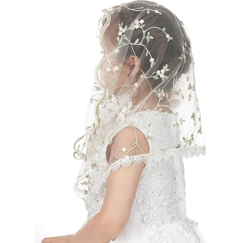 Girls' Infinity Lace Fabric Mantilla Chapel Veil - Catholic Ceremony Accessory for First Communion, Baptism (White D)