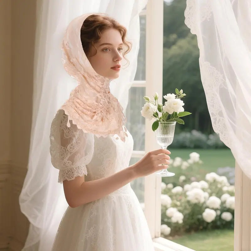 Women's 3-Pcs Catholic Mantilla Veils - Triangle Lace Tulle Veil Scarf, Church Head Covering, Floral Headwrap for Ceremony, Latin Mass, Wedding Bridesmaid