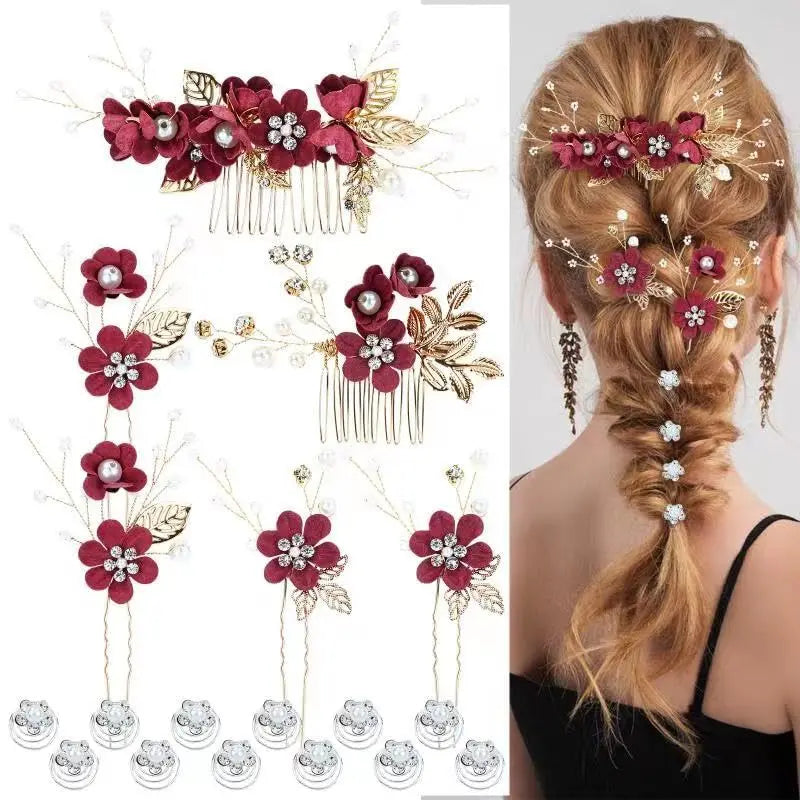 Women's Purple Floral Shape Hair Pins Set - 18-Piece Multiple Pieces with Pearl Accents, Rhinestones, Clip-In Design, Cruelty-Free Prom Bridal Headwear for 24-Hour Wear