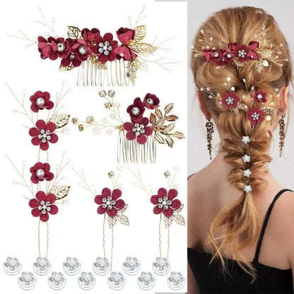 Women's Purple Floral Shape Hair Pins Set - 18-Piece Multiple Pieces with Pearl Accents, Rhinestones, Clip-In Design, Cruelty-Free Prom Bridal Headwear for 24-Hour Wear
