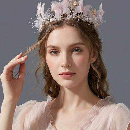 Dreamy Lace Butterfly Crown, Adjustable Rhinestone Artificial Pearl Headband, Wedding Birthday Party Accessory, Boho Style Hair Decor, Bridal Headband