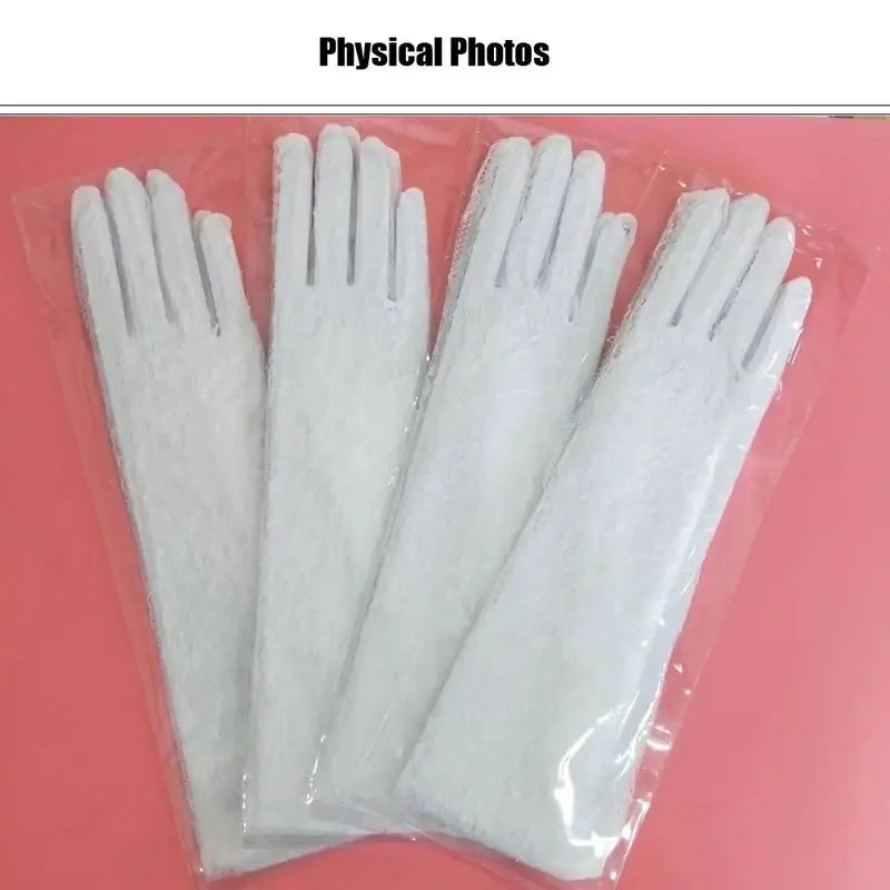 WG054 Women's 54cm Breathable Long Finger Gloves, White Lace Edges Eyelash Lace-Appliqued Bridal Pair, Fashion Accessory for Bride, Prom