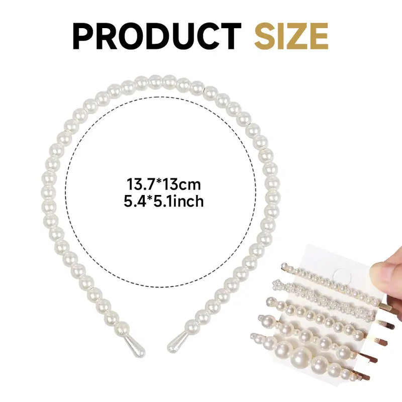 Women's Non-Slip Imitation Pearl Hairband & Clip Set - 5 Pearl Headbands and 5 Hair Clips, Adjustable Band, One Size Fits All, All-Day Wear, Bridesmaids' Wedding Events Fashion Hair Accessories