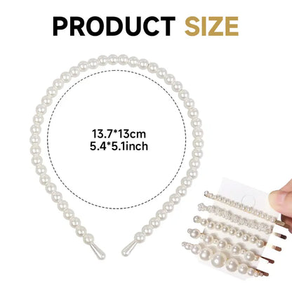 Women's Non-Slip Imitation Pearl Hairband & Clip Set - 5 Pearl Headbands and 5 Hair Clips, Adjustable Band, One Size Fits All, All-Day Wear, Bridesmaids' Wedding Events Fashion Hair Accessories