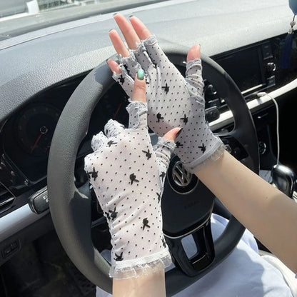 Women's Thin Premium Black Half-Finger Lace Gloves with Exposed Fingertips, Delicate Five-Finger Design for Summer Driving, UV Protection, Mesh Fabric