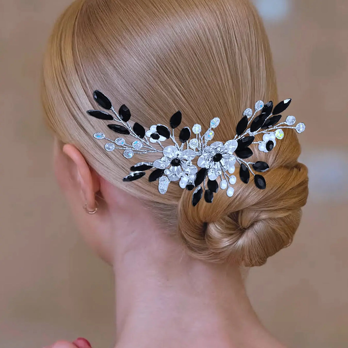 Black Flower Rhinestone Bridal Bridesmaid Headpiece Vintage Wedding Banquet Women