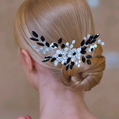 Black Flower Rhinestone Bridal Bridesmaid Headpiece Vintage Wedding Banquet Women