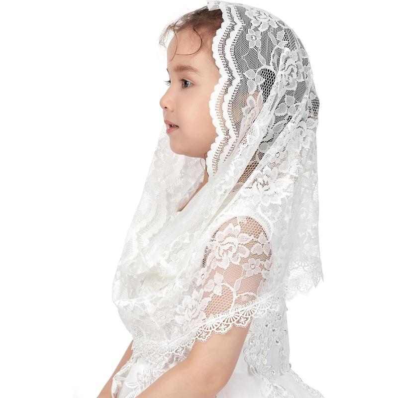 Girls' Infinity Lace Fabric Mantilla Chapel Veil - Catholic Ceremony Accessory for First Communion, Baptism (White D)