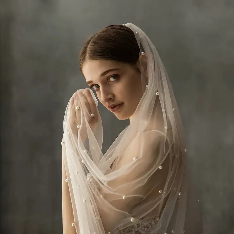 Romantic pearl wedding veil with comb, ivory bridal veil with pearls, elegant fairy veil chapel length, vintage cathedral wedding veil