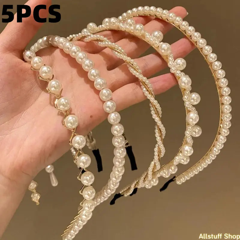 Women's 5-Piece One Size Faux Pearl Metal Headbands - Sports & Outdoor Clothing Fashion Headwear for Daily, Bridal Styling