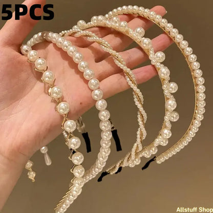 Women's 5-Piece One Size Faux Pearl Metal Headbands - Sports & Outdoor Clothing Fashion Headwear for Daily, Bridal Styling