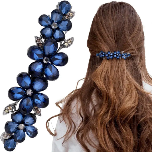 Exquisite rhinestone hairpin, women's bridal hair accessory, sparkling crystal hairpin, wedding, bride, long hair (blue flowers, 1 piece) perfect Christmas gift