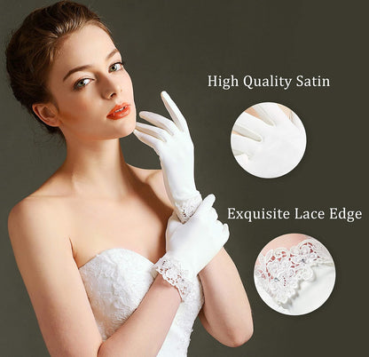 BABEYOND Short Satin Opera Gloves for Women Lace Cuff Tea Party Gloves