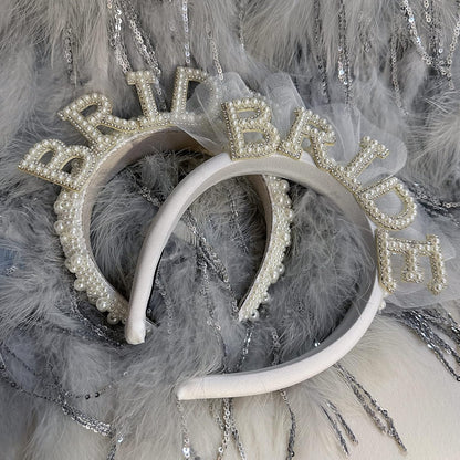 Pearl Veil Bride Headband, White Satin Hairband with 'BRIDE' Decorated by Pearl and Rhinestone, Bridal Hairband for Bachelorette Party Decorations, Women's Hair Accessory