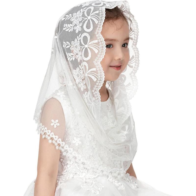 Girls' Infinity Lace Fabric Mantilla Chapel Veil - Catholic Ceremony Accessory for First Communion, Baptism (White D)