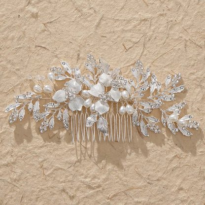 French Vintage Pearl Rhinestone Hair Comb, Stunning Bride Wedding Headpiece, Gold Leaf Hair Pin, Bridesmaid Photo Shoot Accessory