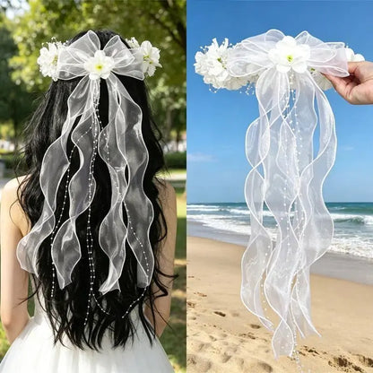 Bridal Handcrafted Floral Vine Veil Headband - Delicate Flower Ethereal Princess Wedding Hair Accessory for Brides, Ideal for Wedding Ceremony, Bridal Photoshoot, Ethereal Look