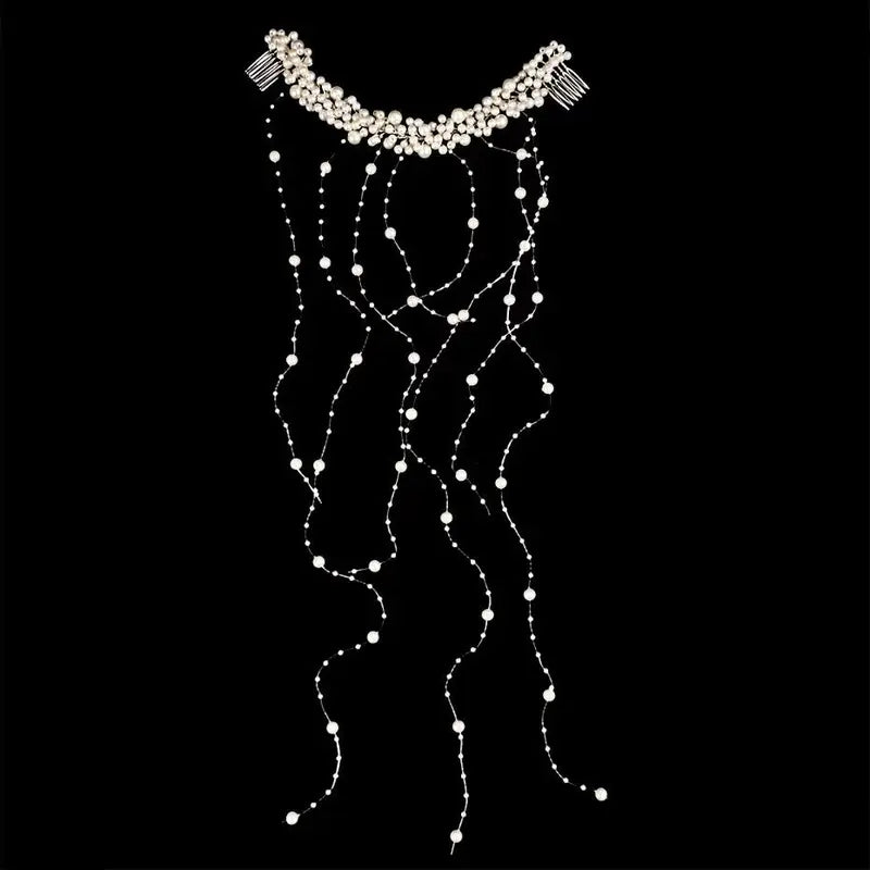 Handmade Pearl-Tassel Insert Comb with Wavy Hair Band Garland - Glam Wedding Ceremony Bride's Hair Decor, Home Decor Accent, Tassels
