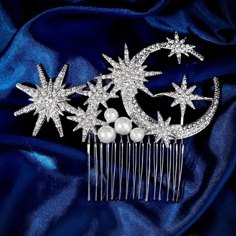 1pc Silvery Rhinestones Pearl Celestial Star-Moon Hair Comb - Bridal Headpiece, Crystal Clip, Sparkling Accessory for Weddings, Evening Wear, 1-Piece Fashion Accent