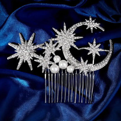 1pc Silvery Rhinestones Pearl Celestial Star-Moon Hair Comb - Bridal Headpiece, Crystal Clip, Sparkling Accessory for Weddings, Evening Wear, 1-Piece Fashion Accent