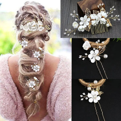 5 pieces of elegant white bridal hair accessories - crystal pearl hair comb and hairpin, suitable for bridal hairstyles, engagement styles, dances, parties