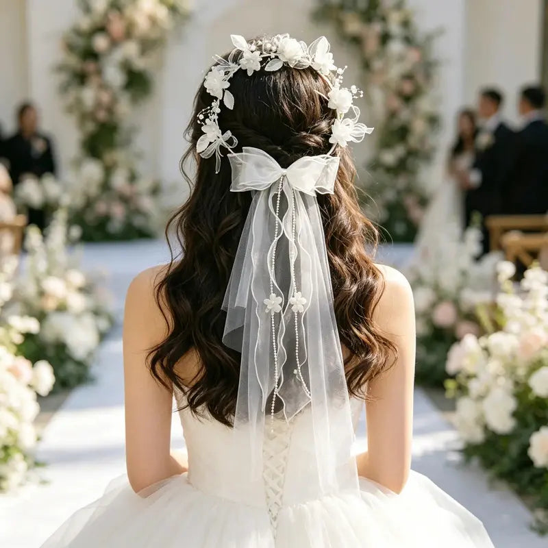 Bridal Handcrafted Floral Vine Veil Headband - Delicate Flower Ethereal Princess Wedding Hair Accessory for Brides, Ideal for Wedding Ceremony, Bridal Photoshoot, Ethereal Look