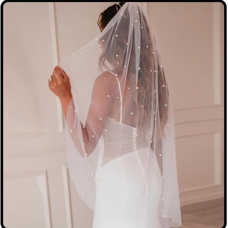 Ursumy Pearl Wedding Veils Flower Cathedral Bridal Veil 118’’ Veils for Brides 1 Tier Fingertip Length Drop Veil Hair Comb
