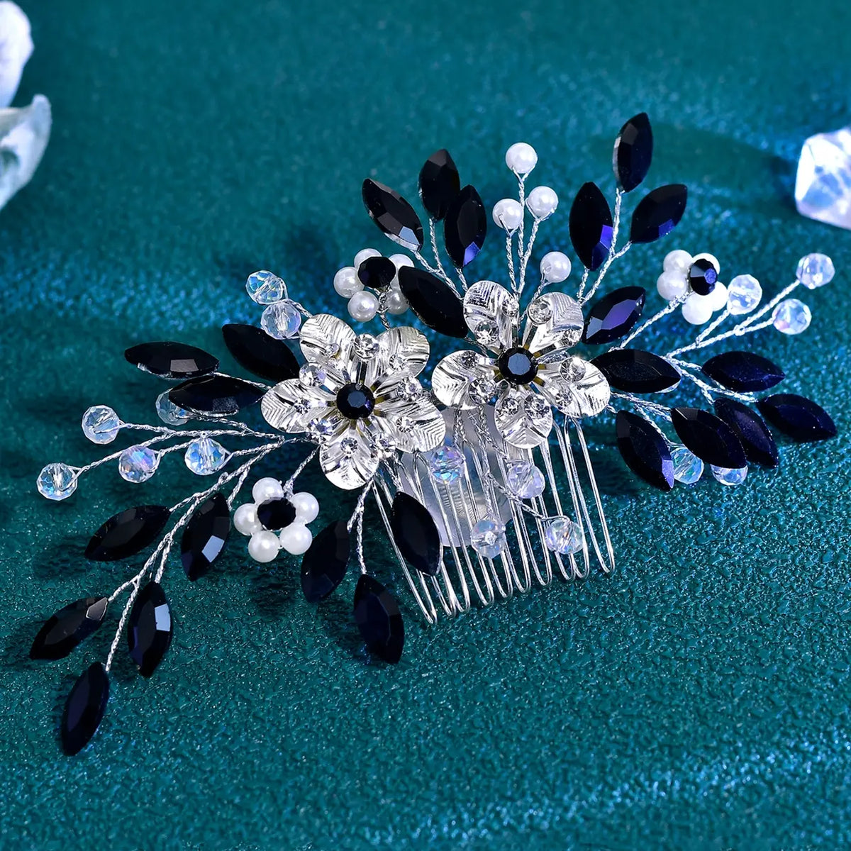 Black Flower Rhinestone Bridal Bridesmaid Headpiece Vintage Wedding Banquet Women