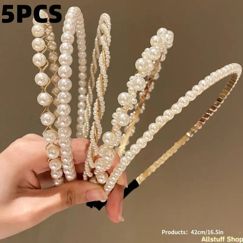 Women's 5-Piece One Size Faux Pearl Metal Headbands - Sports & Outdoor Clothing Fashion Headwear for Daily, Bridal Styling