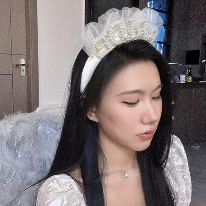 Pearl Veil Bride Headband, White Satin Hairband with 'BRIDE' Decorated by Pearl and Rhinestone, Bridal Hairband for Bachelorette Party Decorations, Women's Hair Accessory