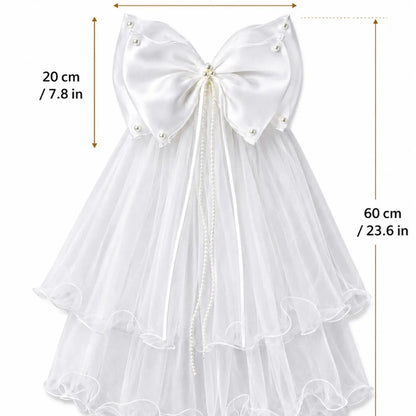 White Wedding Bow Veil Clip, Layered Satin Organza Bow with Double Tulle Veil, Pearl Accent Hairpiece for Bride, Bridal Shower, Ceremony, Engagement Photos, Western Wedding Veil, Wedding Veils for Brides, The Wedding Veil