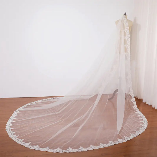 Extra wide wedding  bridal veil, Ivory lace bridal veil, Handmade cathedral wedding veil, Small flowery veil, Retro church veil, Elegant tulle veil for wedding dress