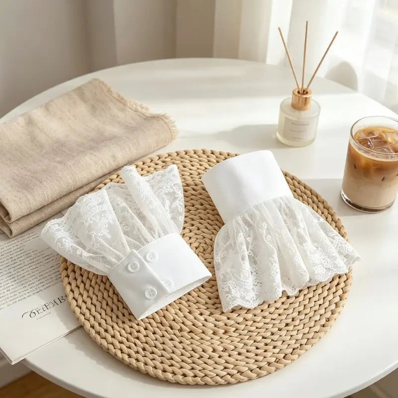 White Lace Fake Cuffs, Elegant Floral Embroidered Mesh Wrist Cuffs, Delicate Decorative Lace Sleeves for Blouses, Sweaters and Dresses