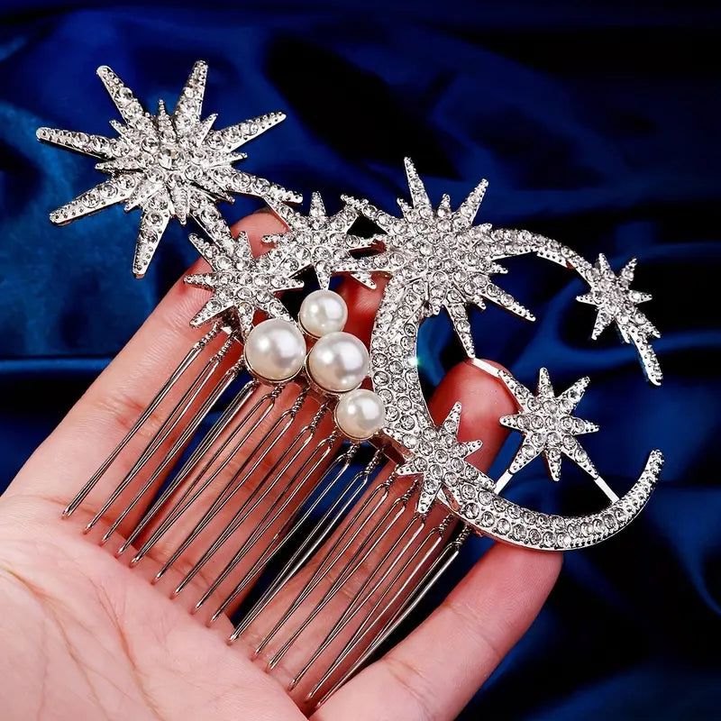 1pc Silvery Rhinestones Pearl Celestial Star-Moon Hair Comb - Bridal Headpiece, Crystal Clip, Sparkling Accessory for Weddings, Evening Wear, 1-Piece Fashion Accent