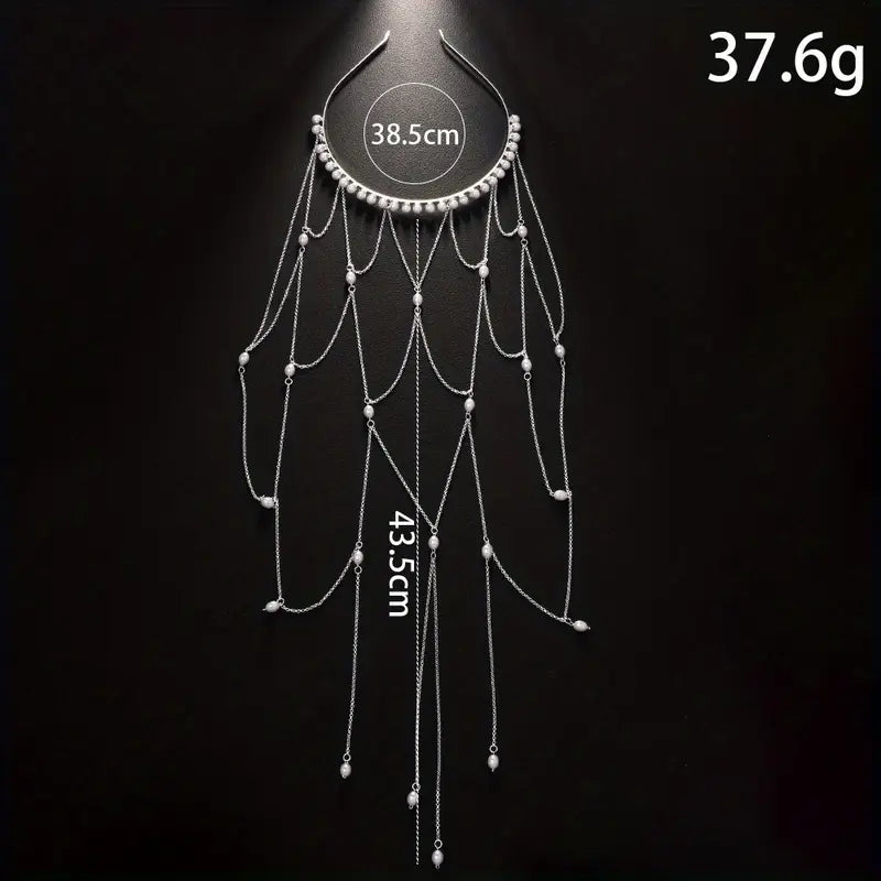 Elegant Pearl & Tassel Bridal Hair Chain Headband - Grid Pattern Wedding Hair Accessory with Dangling Pearl, High-Quality Pearl Hair Ornament for Brides, Proms & Formal Events