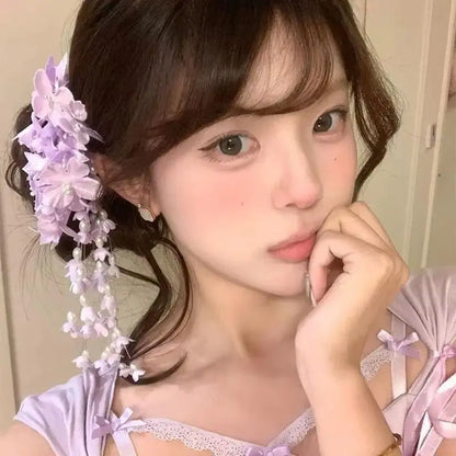 New New Chinese Style Flower Hairpin Pearl Luxury Tassel Side Clip Side Clip Bridal Headwear