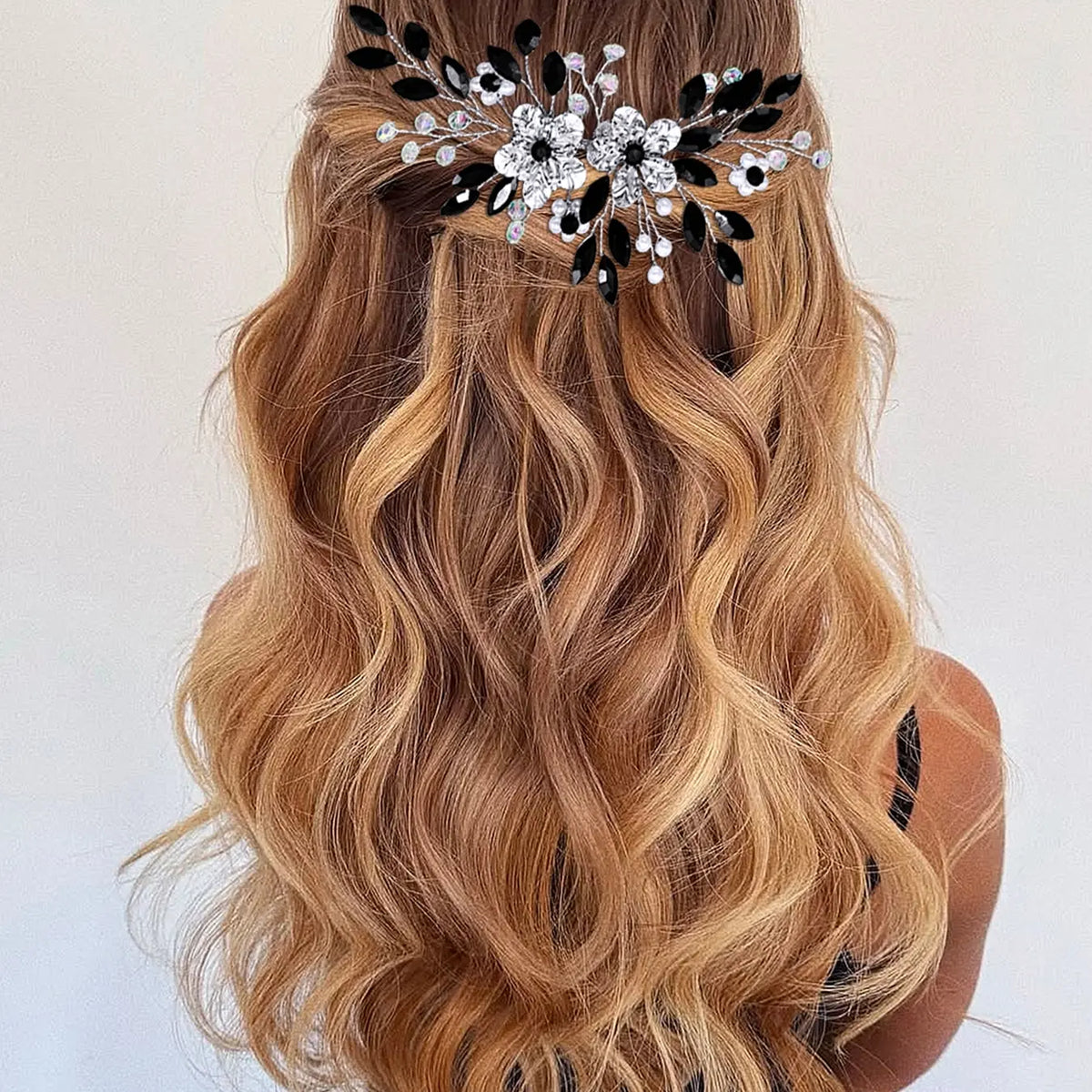 Black Flower Rhinestone Bridal Bridesmaid Headpiece Vintage Wedding Banquet Women