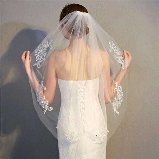 Bridal Veil with Comb - 1 Tier, 90x150cm Ivory Tulle Lace, Exquisite Lightweight Soft Crystal-Beaded Minimalist Wedding Hair Accessory