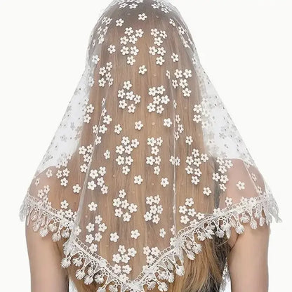 Women's Dainty Look Polyester Lace Church Veil - 62x19.5in, White, Ditsy Floral Print, Gold Accents, Easy to Wear, New #AB-334-R2