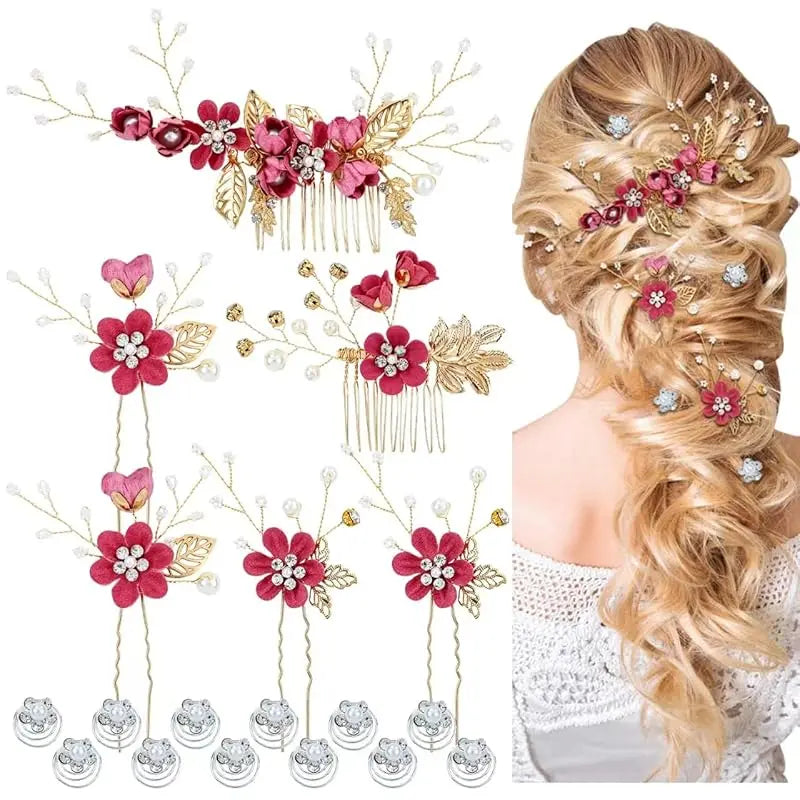 Women's Purple Floral Shape Hair Pins Set - 18-Piece Multiple Pieces with Pearl Accents, Rhinestones, Clip-In Design, Cruelty-Free Prom Bridal Headwear for 24-Hour Wear