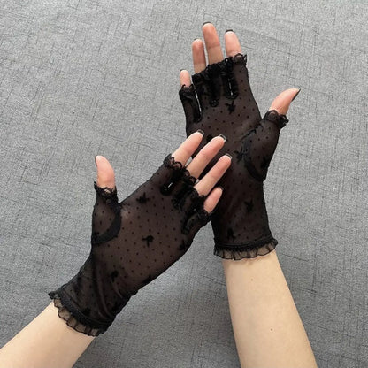 Women's Thin Premium Black Half-Finger Lace Gloves with Exposed Fingertips, Delicate Five-Finger Design for Summer Driving, UV Protection, Mesh Fabric