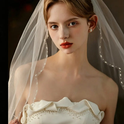 Elegant Pearl Decorated Bridal Veil, Romantic Single Layer Wedding Veil with Comb, Classic Fantasy Bride Headpiece, Perfect for Church and Garden Weddings
