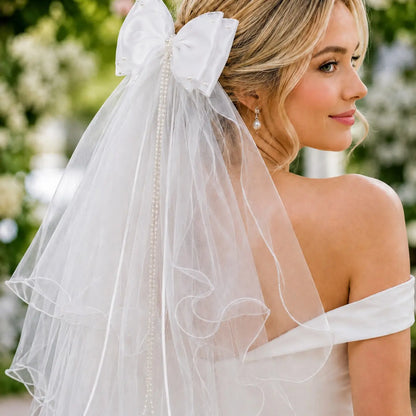 White Wedding Bow Veil Clip, Layered Satin Organza Bow with Double Tulle Veil, Pearl Accent Hairpiece for Bride, Bridal Shower, Ceremony, Engagement Photos, Western Wedding Veil, Wedding Veils for Brides, The Wedding Veil