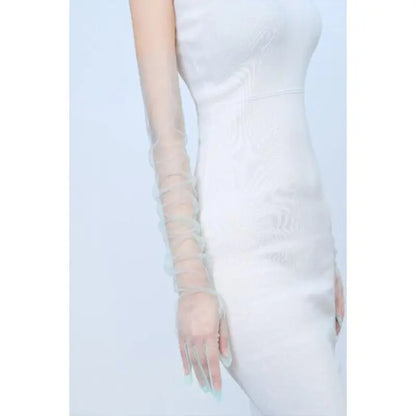 Bridal Over-Elbow Full Finger Gloves - One Size, Ultra-Thin Solid Tulle Fabric, Breathable Loose Fit, Transparent See-Through, for Brides, Formal Events, Proms