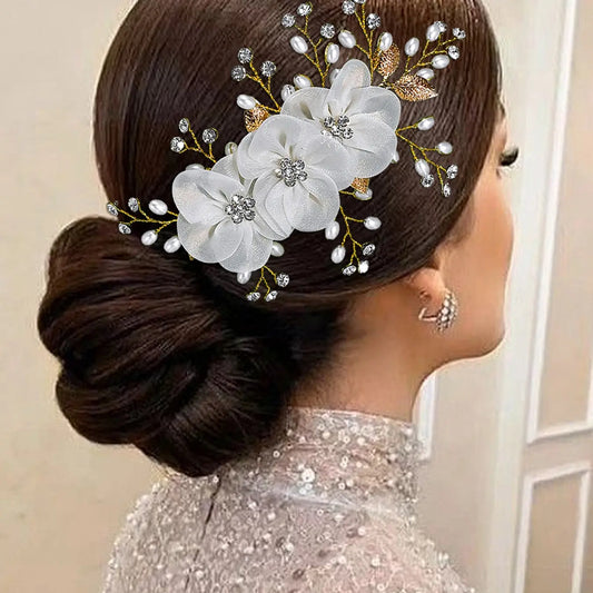 Women's Elegant Bridal Hair Comb with Faux Pearls & Flowers Decoration, Perfect for Wedding Party Photography Accessories