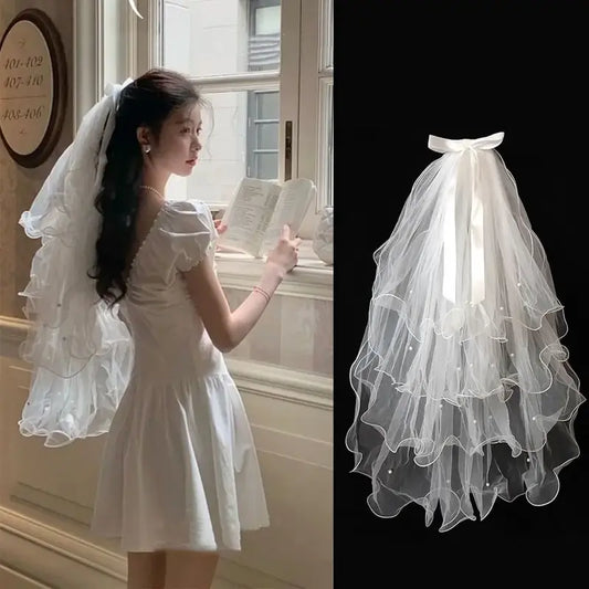 Bride's 4-Layer Wedding Head Gauze, Soft Tulle Curled Veil with Bowknot Ribbon, 60-80cm White Mesh Alloy Hair Accessory Headpiece