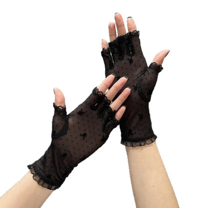 Women's Thin Premium Black Half-Finger Lace Gloves with Exposed Fingertips, Delicate Five-Finger Design for Summer Driving, UV Protection, Mesh Fabric
